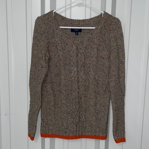 American Eagle Outfitters Tan Colorful Scoop Neck Sweater with Orange Trim - Picture 1 of 7